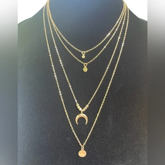 Moon/Disc Pendant, Multi-layer Necklace; Gold - Picture 8 of 10